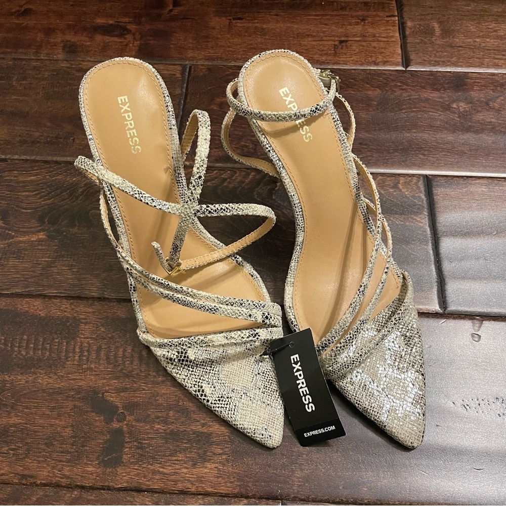 EXPRESS Strappy pointed toe snakeskin heels
